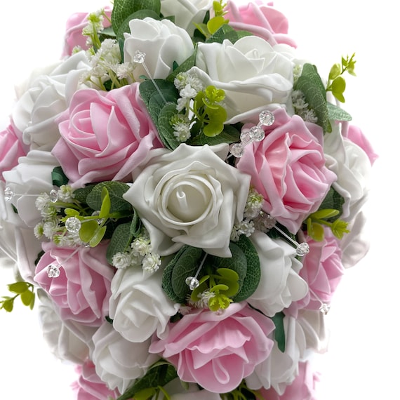 Flores Artificiales Ramo De Novia Blanco Y Rosa Flores