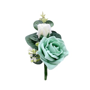 Artificial Wedding Flowers, Mint Green & Ivory Double Foam Rose Buttonhole