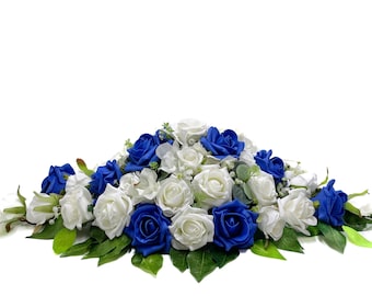 Silk Wedding Flowers, Royal Blue & Ivory Rose Top Table Decoration