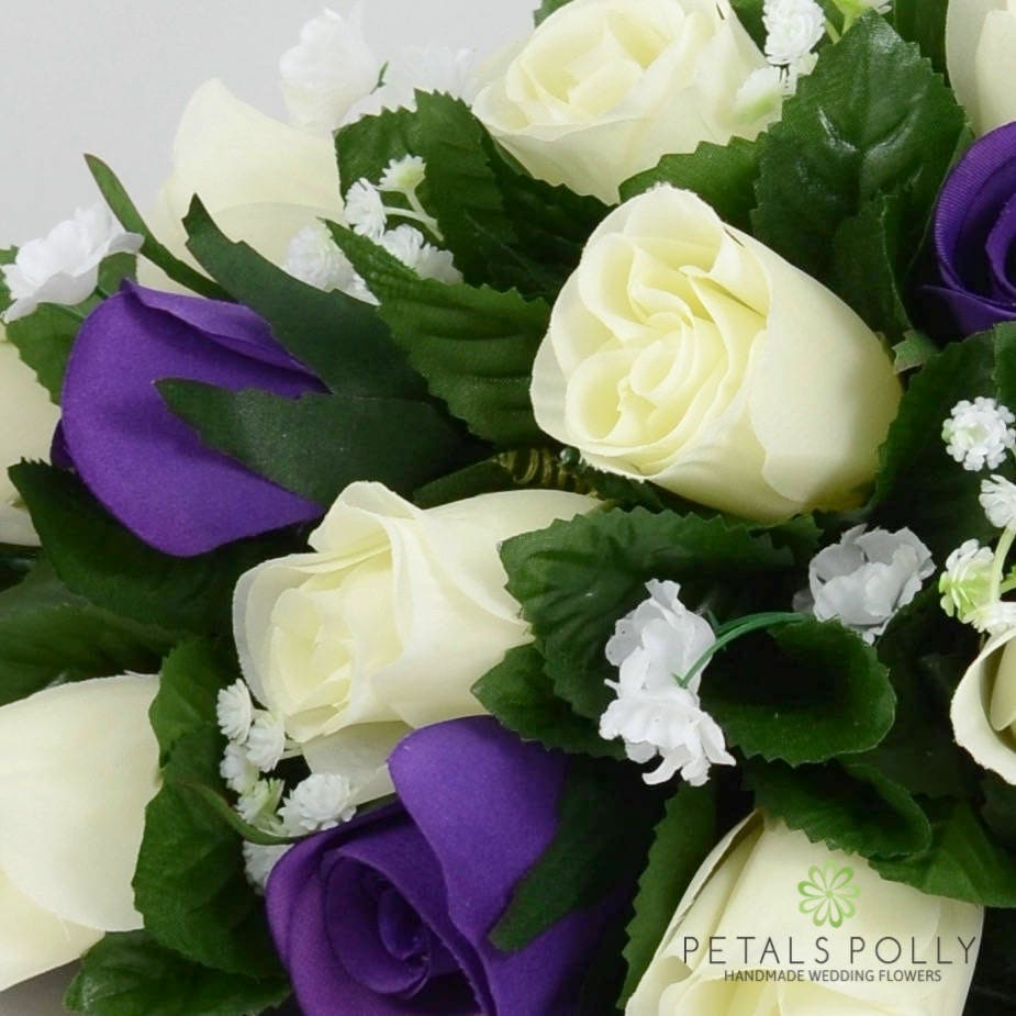 HANDMADE ARTIFICIAL SILK PURPLE & WHITE FLOWERS SET IN SILVER COMMA VASE WEDDING 