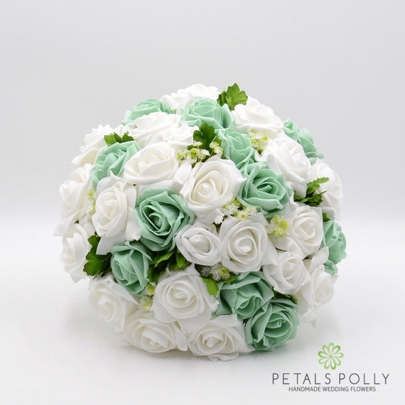Buttonhole Artificial Wedding Flowers Mint Green Rose Brides Bouquet 