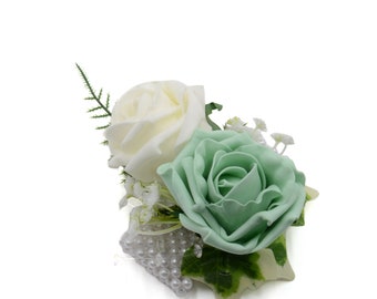 Artificial Wedding Flowers, Mint Green & Ivory Foam Rose Wrist Corsage