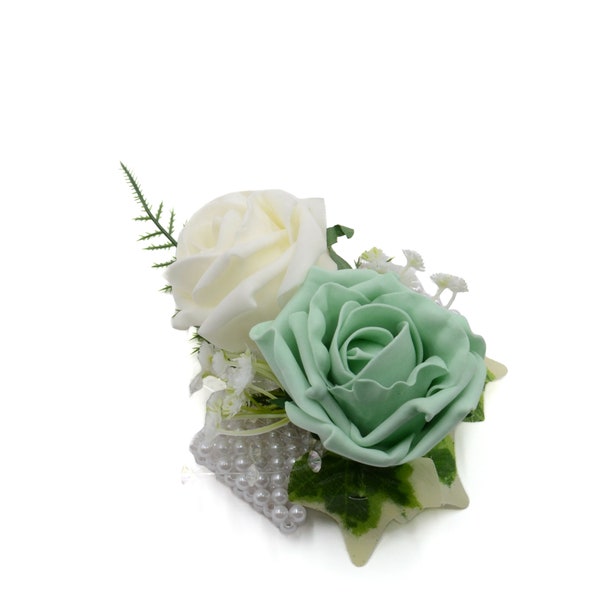 Artificial Wedding Flowers, Mint Green & Ivory Foam Rose Wrist Corsage
