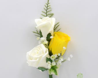 Artificial Wedding Flowers, Yellow & Ivory Triple Rose Gents Buttonhole / Ladies Corsage