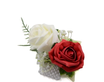 Artificial Wedding Flowers, Red & Ivory Foam Rose Wrist Corsage
