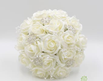 Artificial Wedding Flowers, Ivory Rose Bridesmaids Bouquet Posy with Diamante Brooches, Pearl Stems & Crystal Stems