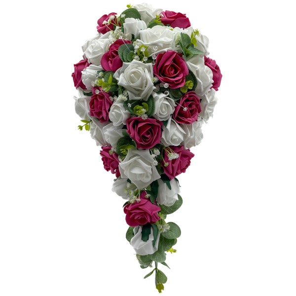 Artificial Wedding Flowers, Hot Pink & White Foam Rose Brides Teardrop Bouquet