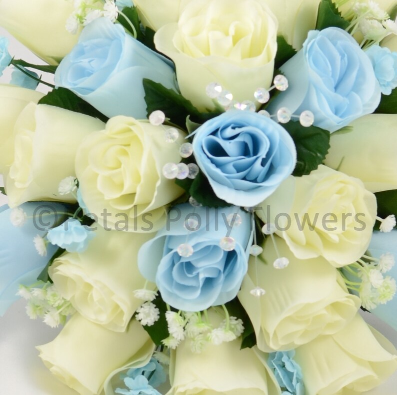 Baby Blue Ivory Rose Brides Bouquet Posy Artificial Wedding Flowers Accessories Weddings Valresa Com