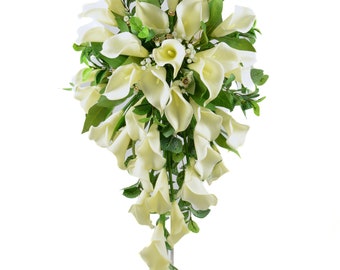 Artificial Wedding Flowers, Ivory Cream Calla Lily Brides Teardrop Bouquet