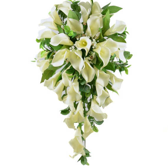 Artificial Wedding Flowers, Ivory Cream Calla Lily Brides Teardrop Bouquet