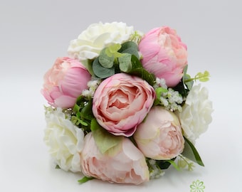 Artificial Wedding Flowers, Pastel Pink Peony & Ivory Rose Bridesmaids Posy