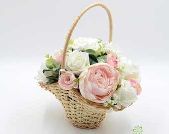 Artificial Wedding Flowers, Pastel Pink Peony & Ivory Rose Flower Girl Basket