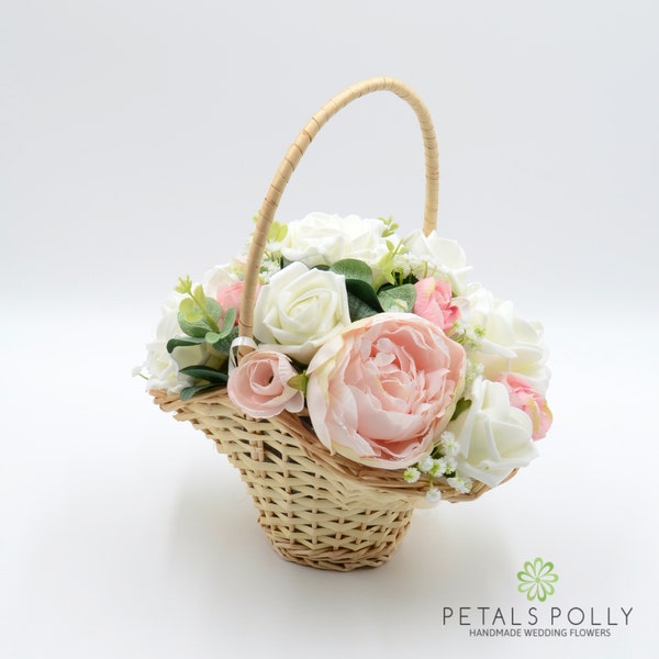 Artificial Wedding Flowers, Pastel Pink Peony & Ivory Rose Flower Girl Basket