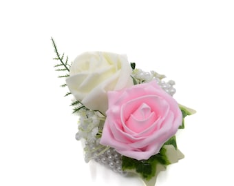 Artificial Wedding Flowers, Baby Pink & Ivory Foam Rose Wrist Corsage