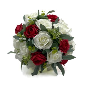 Artificial Wedding Flowers, Red & Ivory Rose Brides Posy with Calla Lilies, Hydrangea and Eucalyptus