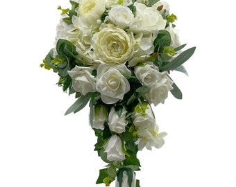Artificial Wedding Flowers, Ivory Cream Rose Brides Teardrop Bouquet with Foliage, Ranunculus, Hydrangea & Eucalyptus