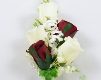 Artificial Wedding Flowers, Burgundy & Ivory Rose Wrist Corsage, Deep Red, Claret