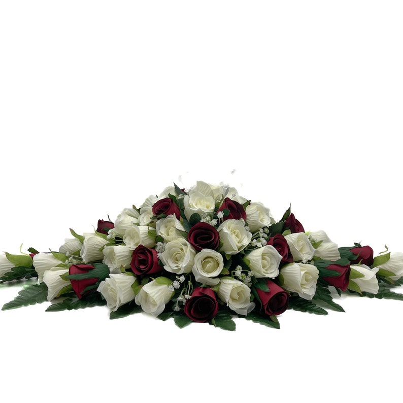 Silk Wedding Flowers, Burgundy & Ivory Rose Top Table Decoration, Deep Red, Claret image 1