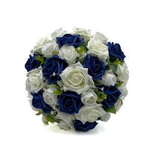 Artificial Wedding Flowers, Navy Blue & Ivory Rose Brides Bouquet Posy