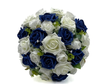 Artificial Wedding Flowers, Navy Blue & Ivory Rose Brides Bouquet Posy