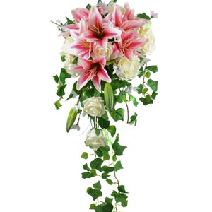 Artificial Wedding Flowers, Stargazer Lily & Ivory Rose Brides Shower Bouquet