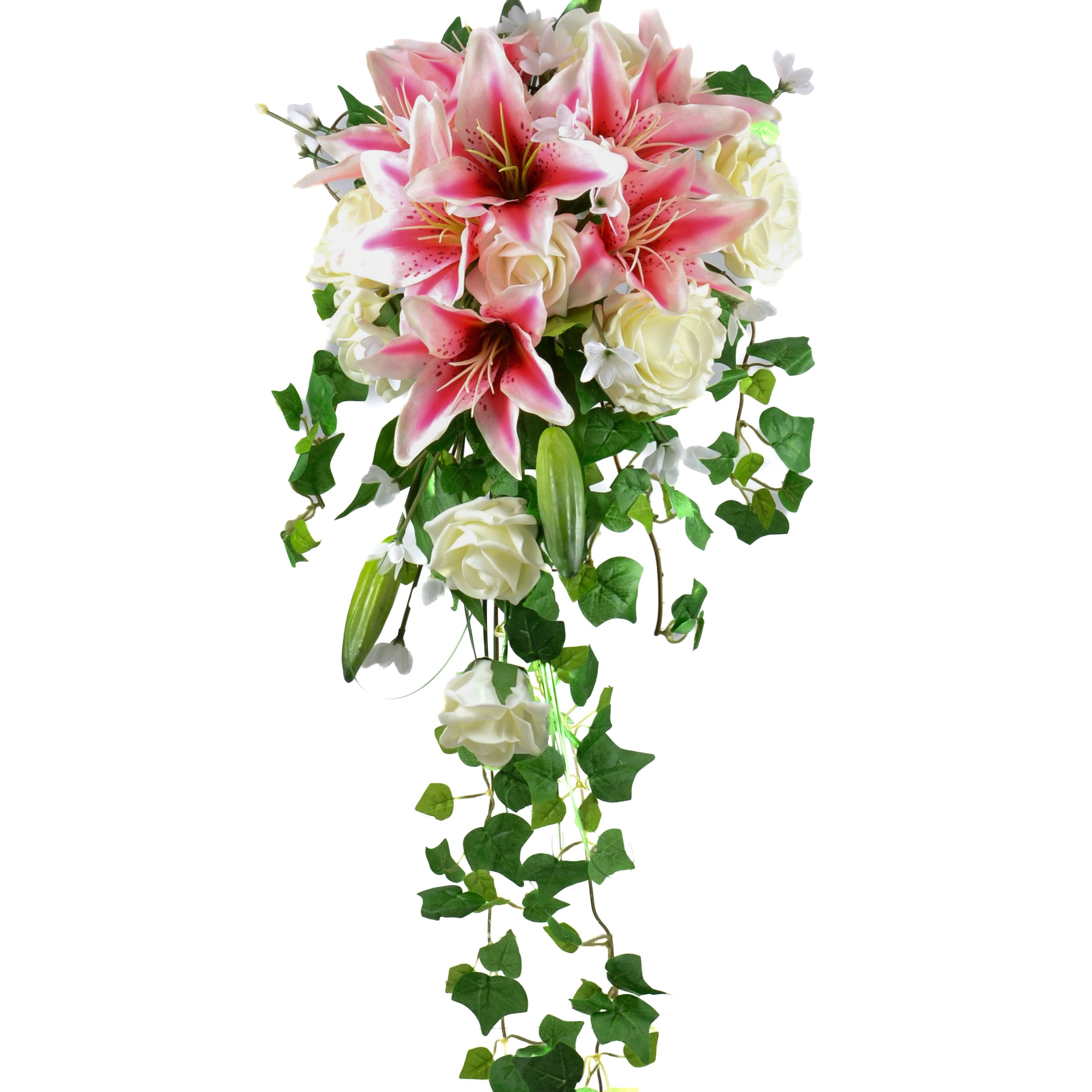Flores artificiales para boda, ramo de novia con lirios Stargazer y rosas  marfil, image size:2544x2544