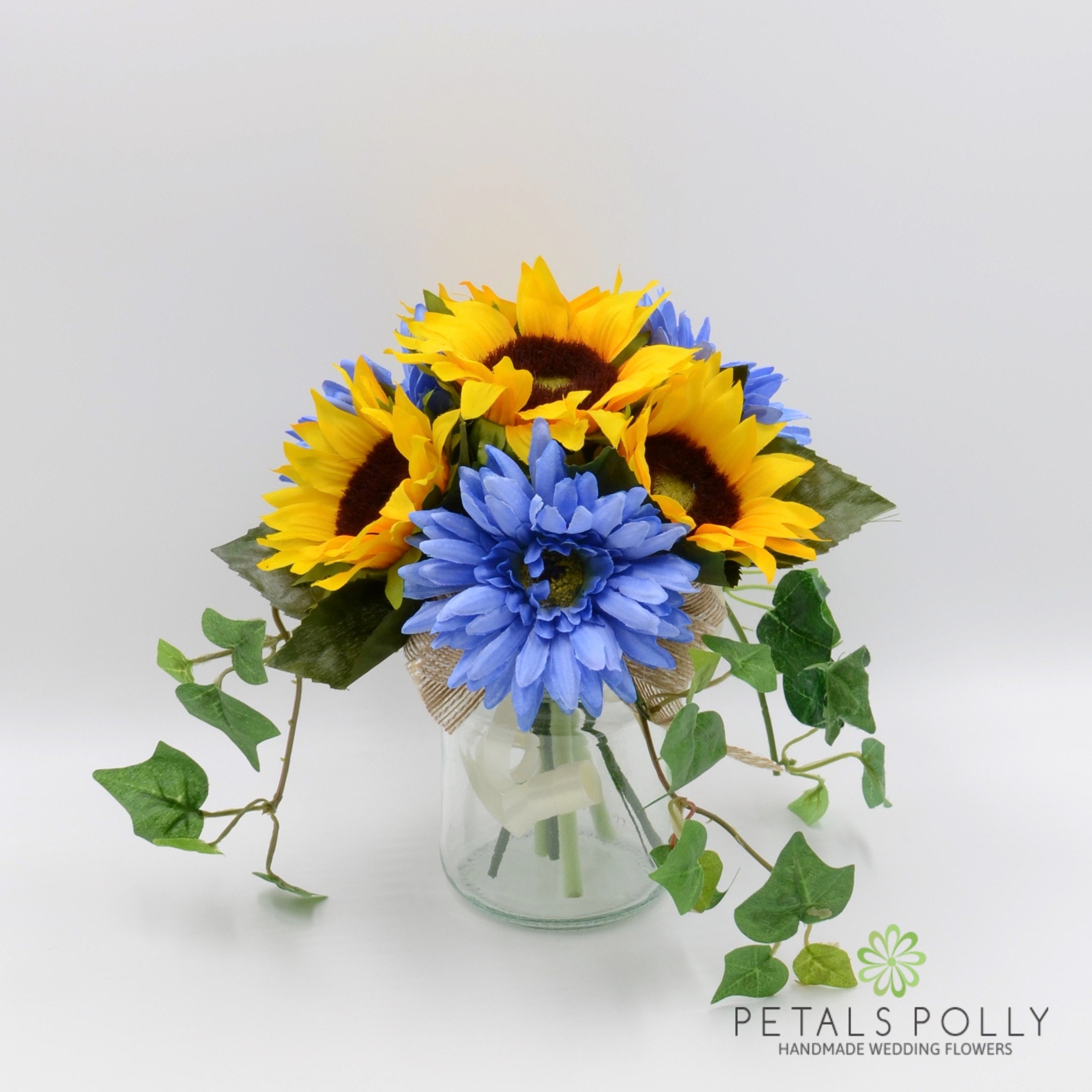 Artificial Wedding Flowers Sunflower & Blue Gerbera Jam Jar - Etsy Denmark