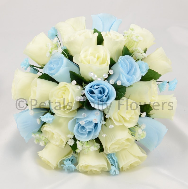 Baby Blue Ivory Rose Brides Bouquet Posy Artificial Wedding Flowers Accessories Weddings Valresa Com