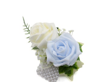 Artificial Wedding Flowers, Baby Blue & Ivory Foam Rose Wrist Corsage