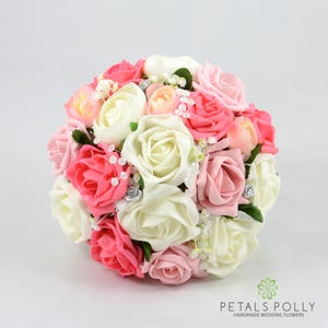 Artificial Wedding Flowers, Antique Vintage Pink, Coral & Ivory Rose Bridesmaids Bouquet Posy with Ranunculus