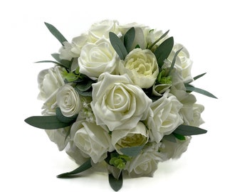 Artificial Wedding Flowers, Cream / Ivory Bridesmaids Posy Bouquet with Eucalyptus and Hydrangea