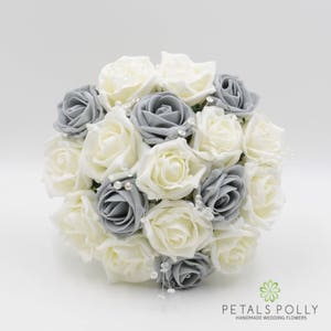 Artificial Wedding Flowers, Grey & Ivory Bridesmaids Bouquet Posy