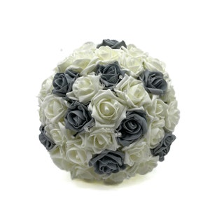 Artificial Wedding Flowers, Grey & Ivory Rose Brides Bouquet Posy