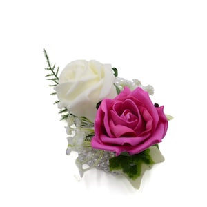 Artificial Wedding Flowers, Hot Pink & Ivory Foam Rose Wrist Corsage