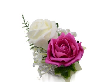 Artificial Wedding Flowers, Hot Pink & Ivory Foam Rose Wrist Corsage