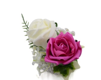 Artificial Wedding Flowers, Hot Pink & Ivory Foam Rose Wrist Corsage