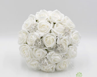 Artificial Wedding Flowers, White Rose Bridesmaids Bouquet Posy with Diamante Brooches, Pearl Stems & Crystal Stems