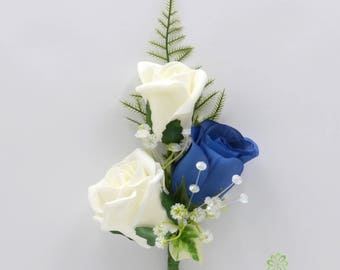 Artificial Wedding Flowers, Royal Blue & Ivory Triple Rose Gents Buttonhole / Ladies Corsage