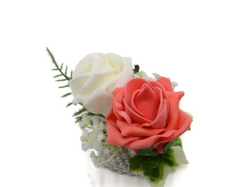 Artificial Wedding Flowers, Coral & Ivory Foam Rose Wrist Corsage