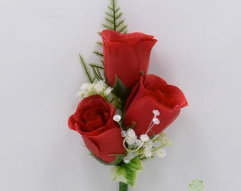 Artificial Wedding Flowers, Red Triple Rose Gents Buttonhole / Ladies Corsage