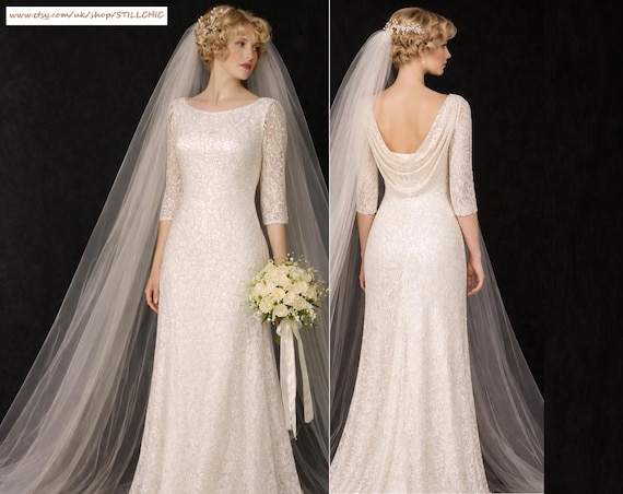 Vintage Lace Wedding Dress: Sleeved Beaded Cowl Back Bridal Gown 1930s Style
