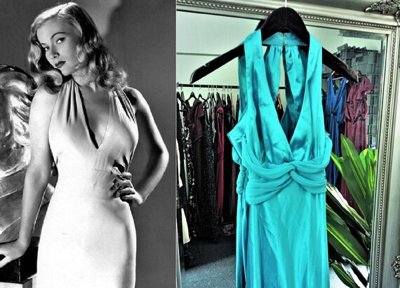 Blue Dress Satin Dress Halter Neck Dress Bias C