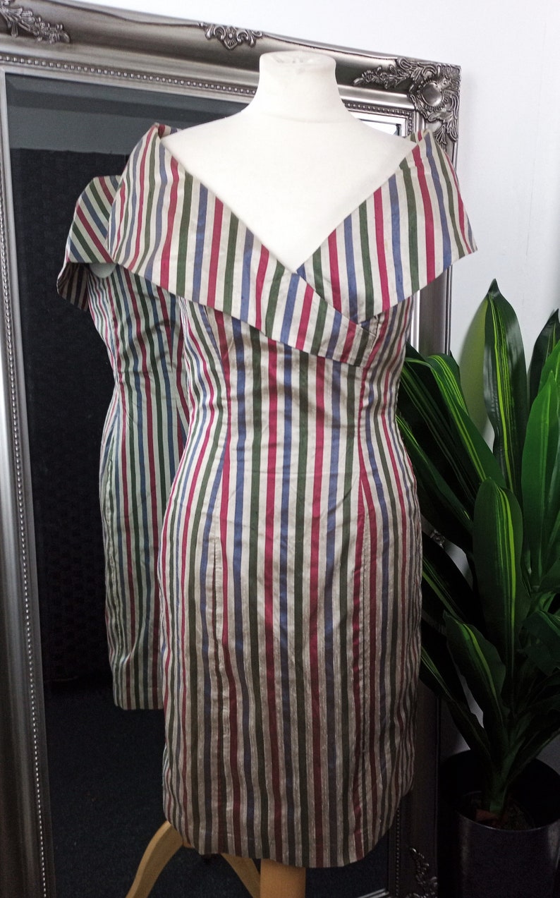 Silk Dress Wiggle Dress Stripy Dress Bardot Dress 1950s Style Dress Vintage Wiggle Dress Silk Wiggle Dress Off The Shoulder Dress