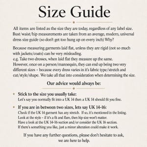 May include: A beige informational graphic titled Size Guide with black text explaining garment sizing policies. It details that items are listed by modern universal sizes rather than label sizes, advises sticking to usual sizes, and offers guidance for in-between sizing.