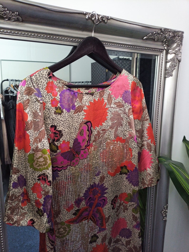Satin Dress Tunic Dress Oriental Print Dress Boho Dress Sequinned Dress Embellished Dress Oriental Dress Smock Dress Tunic Smock