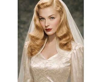 May include: A cream-colored long-sleeve wedding dress with a subtle floral jacquard pattern, a V-neckline, and structured shoulders. A sheer white veil is draped over the head. The text www.etsy.com/uk/shop/STILLCHIC is visible at the top.