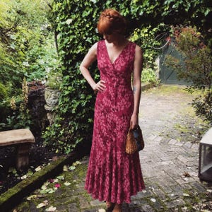 Y2K Devore Silk Bias Cut Midi Dress: Burnout Chiffon Floral Boho Fairycore