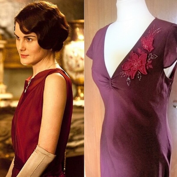 Silk Dress  Bias Cut Dress  Beaded Dress  Red Dress  Tea Dress  1920s Style Dress  1930s Style Dress  Downton Abbey Dress  30s Style Dress