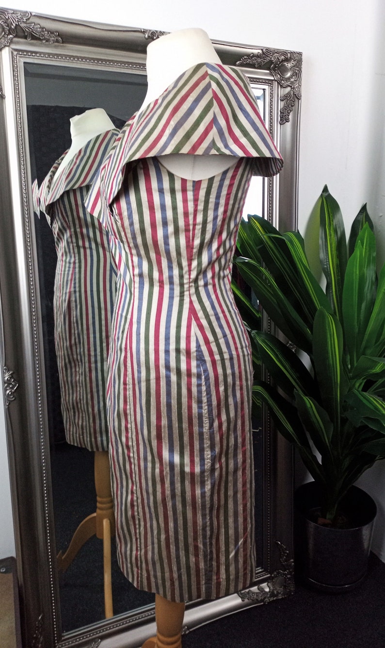 Silk Dress Wiggle Dress Stripy Dress Bardot Dress 1950s Style Dress Vintage Wiggle Dress Silk Wiggle Dress Off The Shoulder Dress