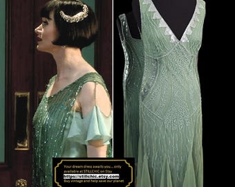 Green Dress  Flapper Dress  Beaded Dress  Bias Cut Dress  Hanky Hem Dress  Gatsby Dress  Fairycore Dress  Embellished Dress  Downton Abbey